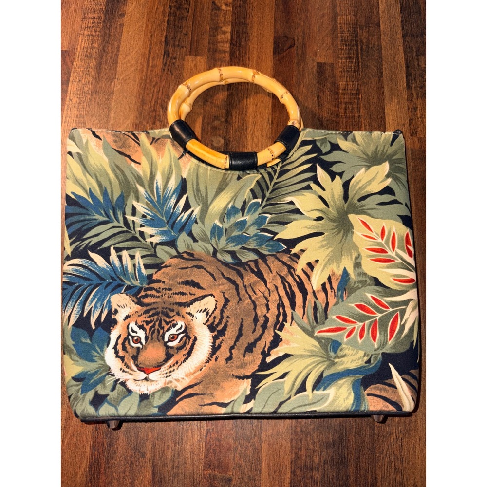 Tropical Tiger Jungle Print Canvas Tote Bag with Bamboo Handles